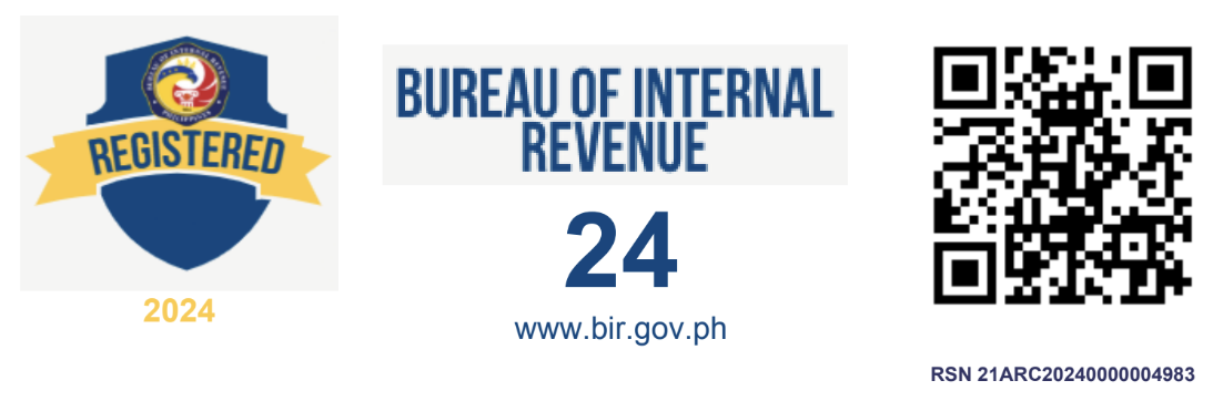 Bureau of Internal Revenue Registered 2024 seal, RSN 21ARC20240000004983, with verification QR code